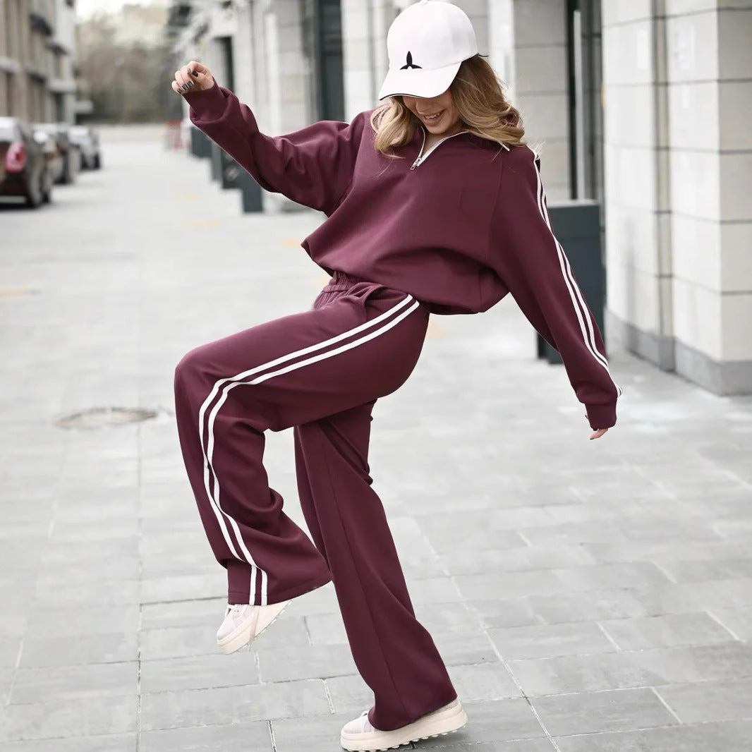 Damen Lässiges Sweat-Set mit Stehkragen, Ballonärmeln und Seitenstreifen EB