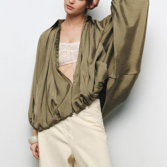 Damen Oversize Satinjacke mit Reißverschluss und elastischem Bündchen EB