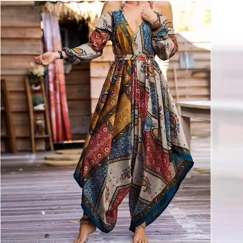 Damen Langes Wickelkleid mit verspieltem Muster und off-shoulder Design EB