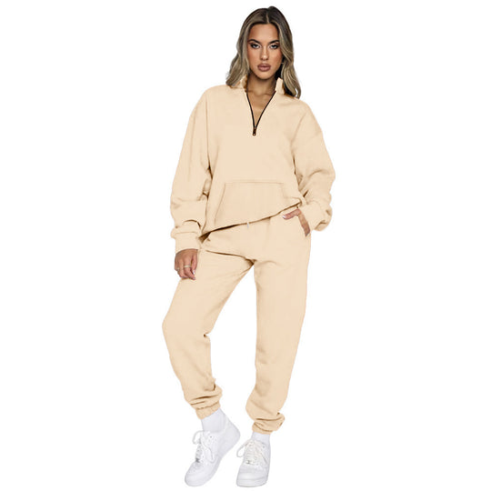 Damen nan French‑Terry Relax‑Loungewear‑Set mit halbem Reißverschluss, Kängurutasche und taillierter, schmal zulaufender Jogginghose EB