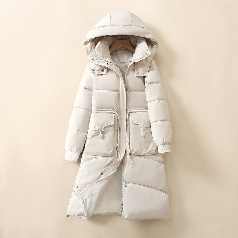 Damen Lange, warme Pufferjacke mit praktischen Taschen und Kapuze EB