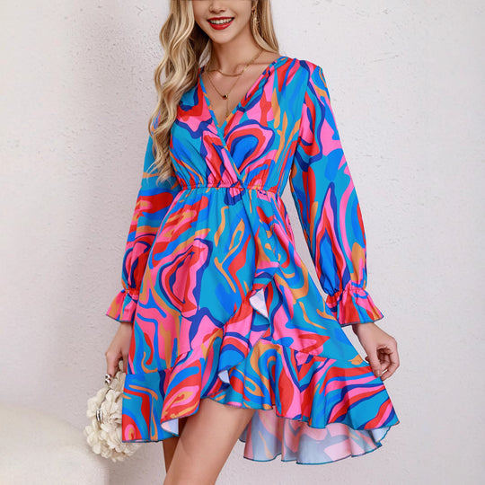 Damen Kurzes Kleid mit Wickeldesign und fröhlichem Muster EB
