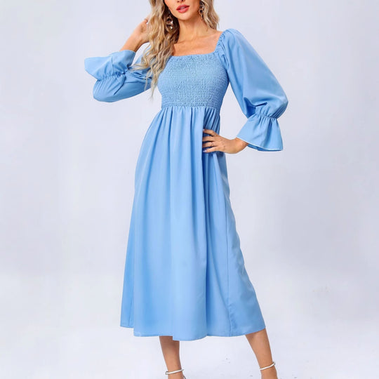 Damen Midikleid mit elastischen Puffärmeln und romantischem Taillenzug EB