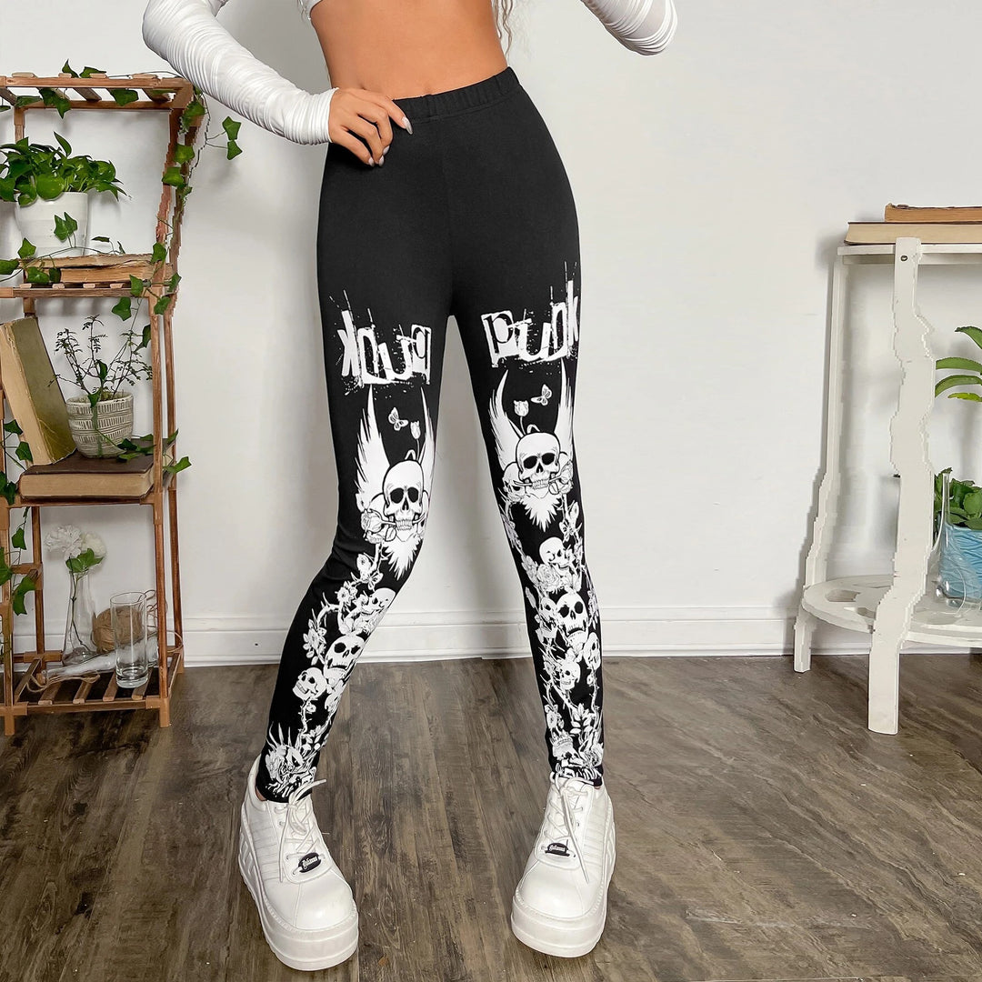 Damen Leggings mit auffälligem Totenkopf- und floralem Design EB