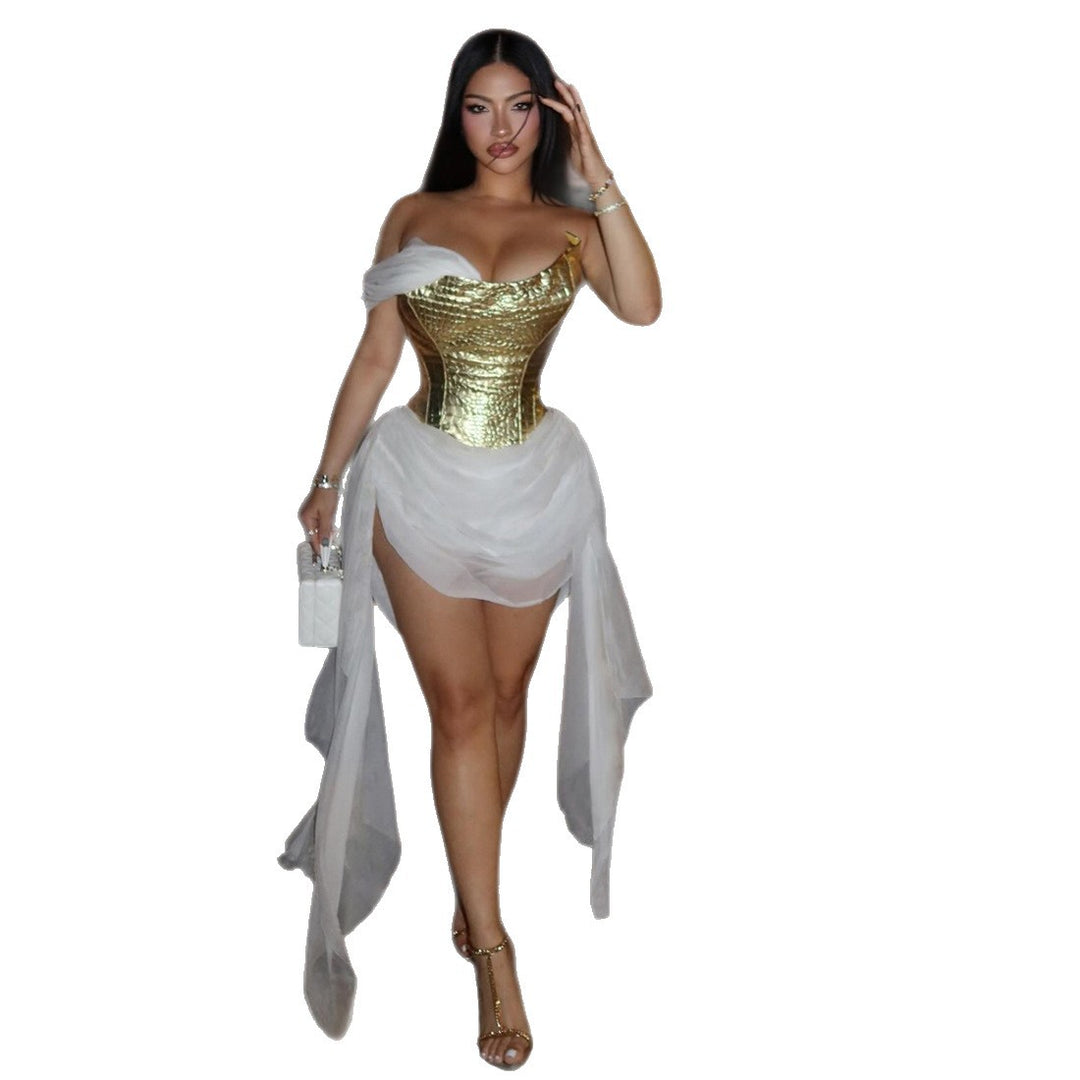 Damen Elegantes asymmetrisches Cocktailkleid mit goldenen Akzenten EB