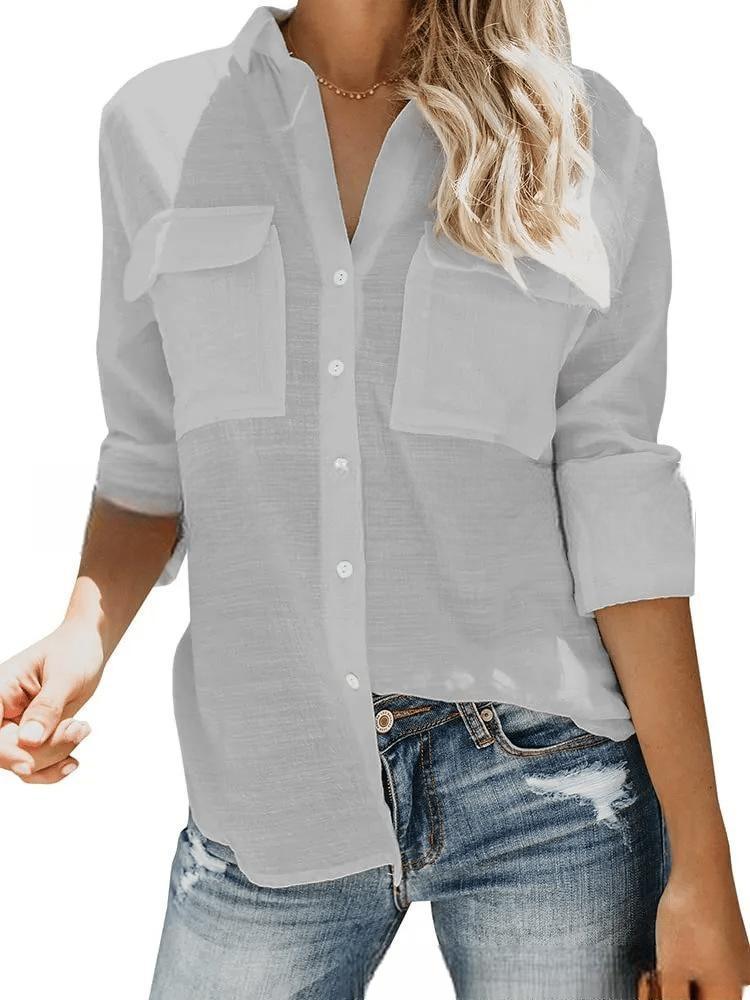 Damen leichte Sommerbluse mit zwei Brusttaschen und aufgerollten Ärmeln EB
