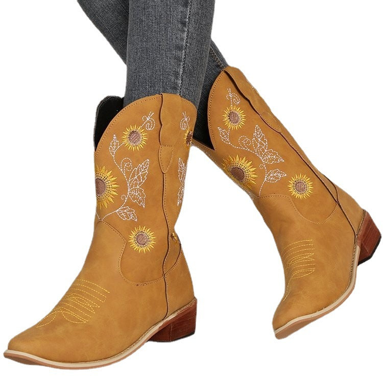 Damen Cowboy-Stiefel mit floralem Stickdesign und robustem Blockabsatz EB