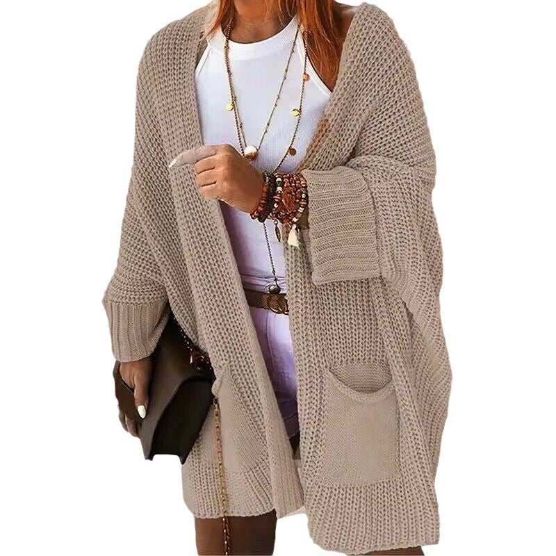 Damen Oversize Grobstrick-Cardigan mit weitem Schalkragen und aufgesetzten Taschen EB