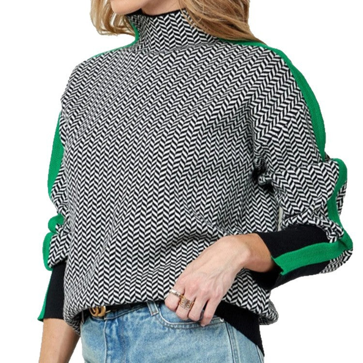 Damen Feinstrickpullover mit geometrischem Jacquardmuster, Stehkragen und Kontrastband EB