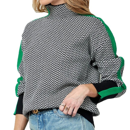 Damen Feinstrickpullover mit geometrischem Jacquardmuster, Stehkragen und Kontrastband EB