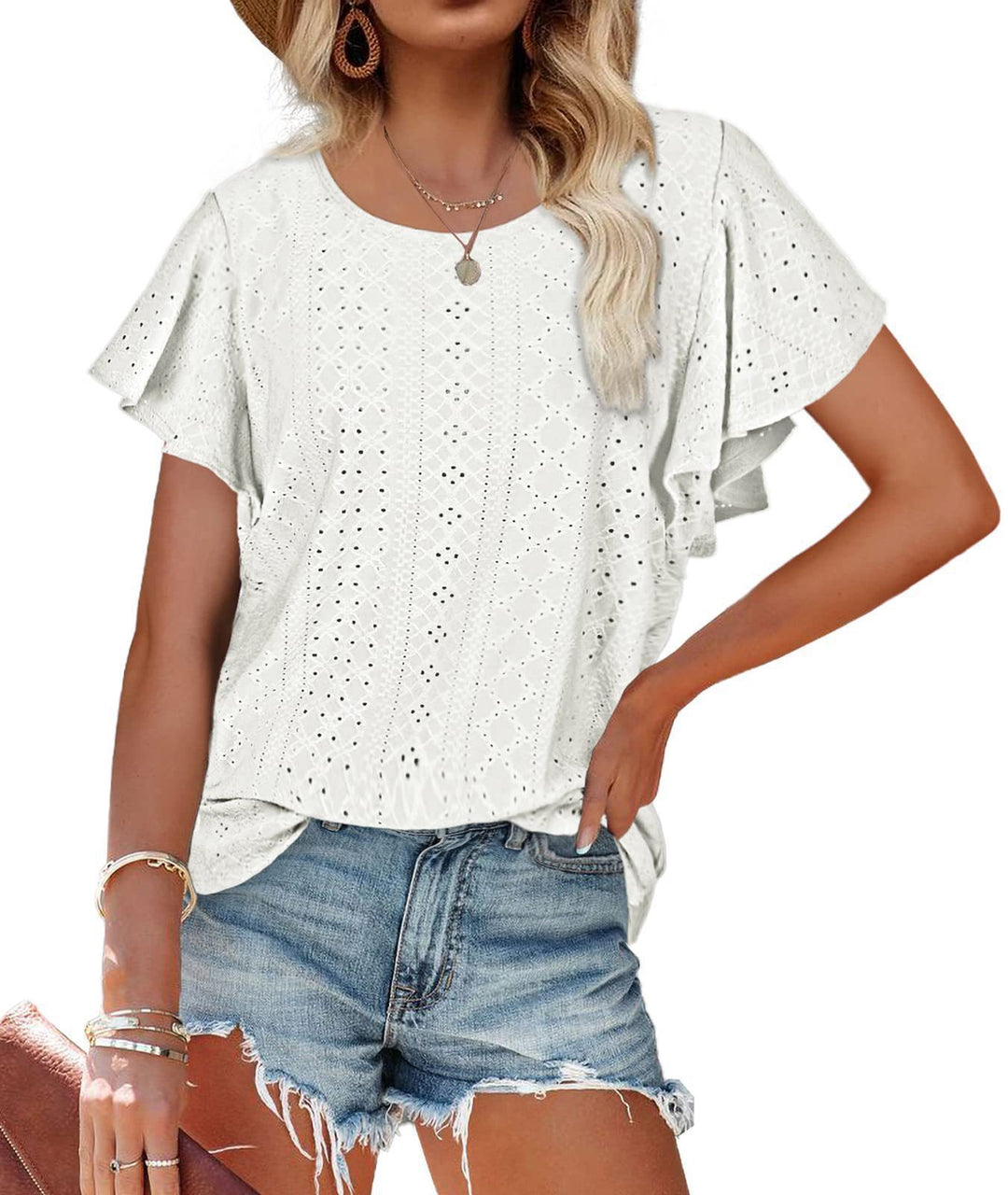 Damen Kurzärmlige Bluse mit Rüschendetails und Lochmuster EB