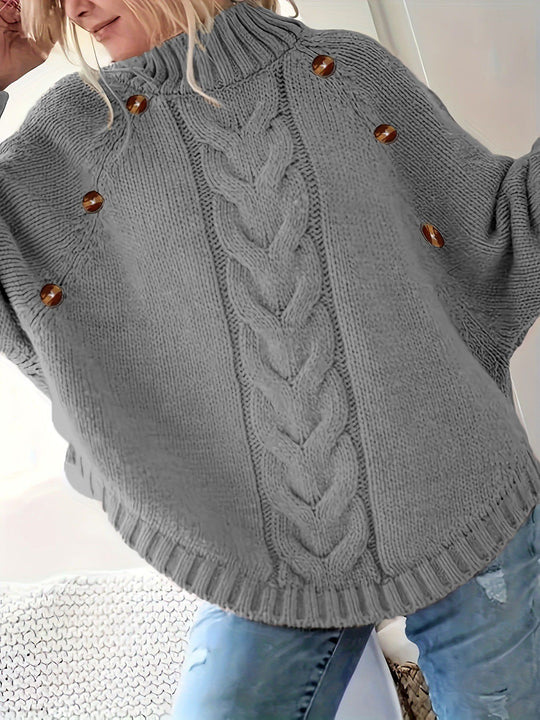 Damen Grober Strickpullover mit modernem Zopfdesign und praktischen Knöpfen EB