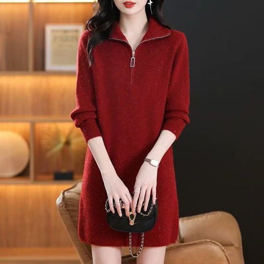 Damen Kurzes Strickkleid mit halbzipper und Kragen EB