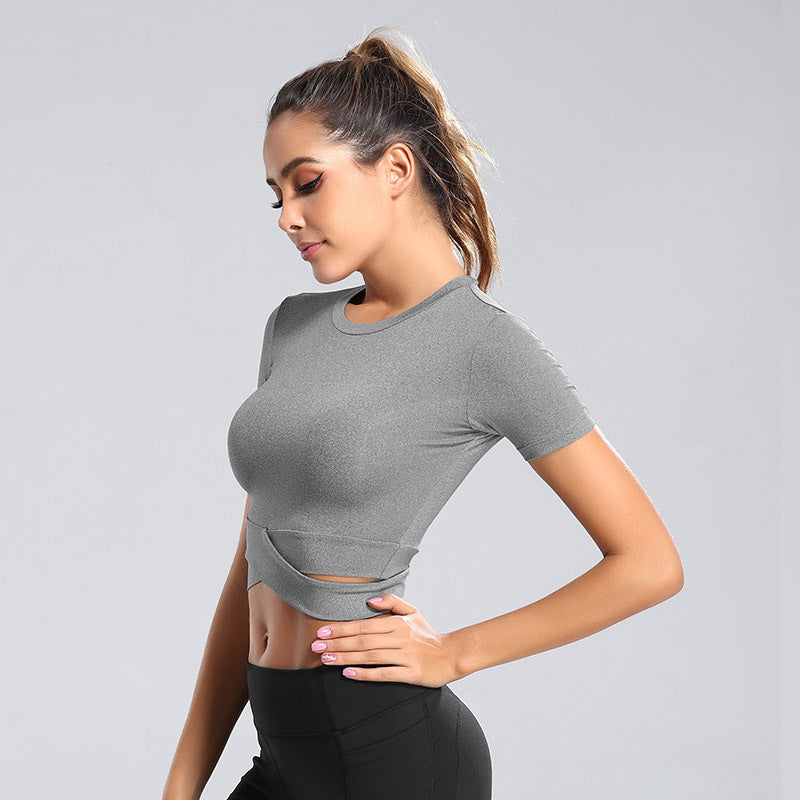 Damen kurzärmliges Trainings-Crop-Top mit innovativer Wickeloptik EB