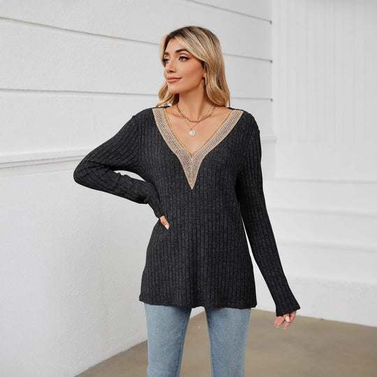 Damen Strickpullover mit V-Ausschnitt und romantischer Spitze EB