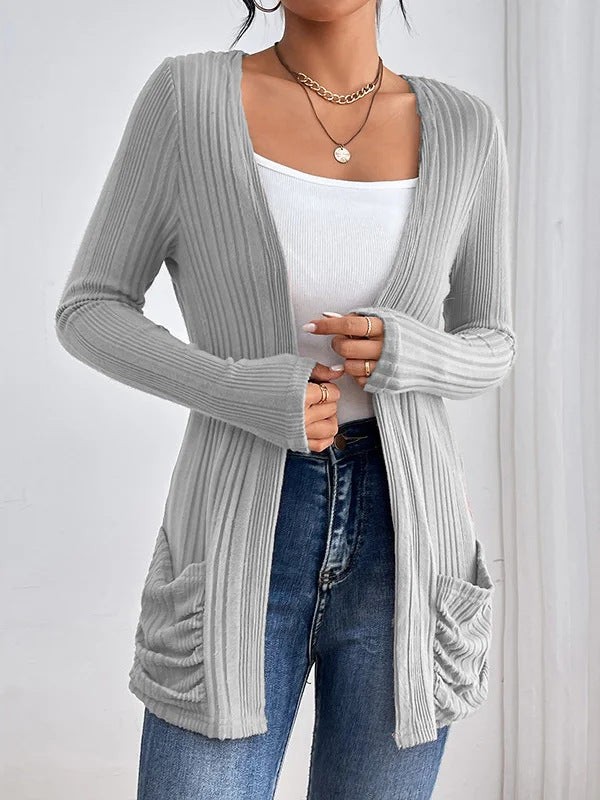 Damen Gerippter Langcardigan mit offener Front, Eingrifftaschen und legerer Passform EB