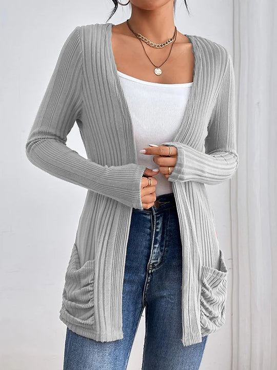 Damen Gerippter Langcardigan mit offener Front, Eingrifftaschen und legerer Passform EB