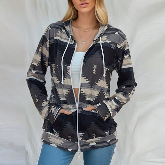 Damen Kapuzenjacke mit tribal inspiriertem Muster und praktischen Taschen EB