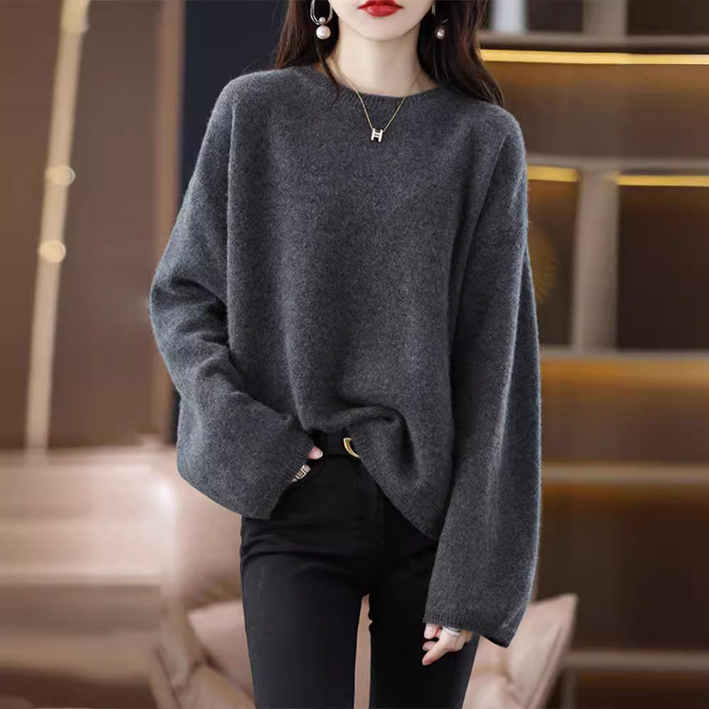 Damen weicher Strickpullover mit weitem Schnitt und legerem V-Ausschnitt EB