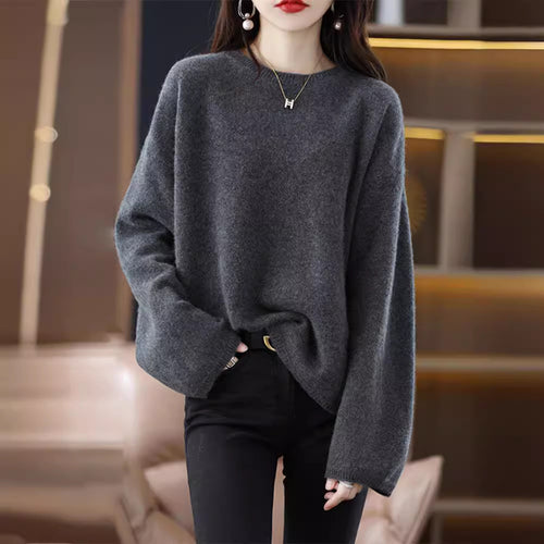 Damen weicher Strickpullover mit weitem Schnitt und legerem V-Ausschnitt EB