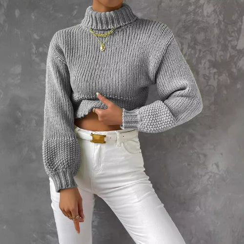 Damen trendiger Pullover mit hoch geschlossenem Kragen und voluminösen Ärmeln EB