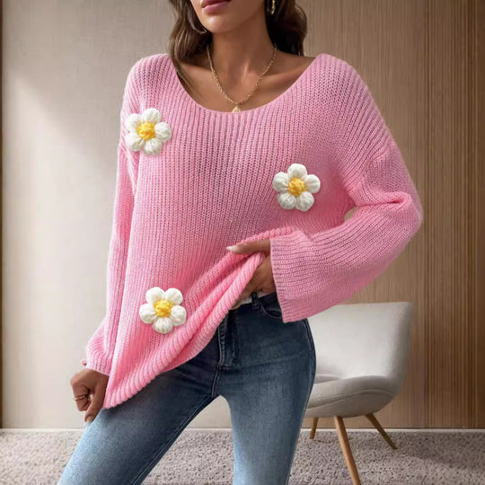 Damen Strickpullover mit verspielten Blumenapplikationen EB
