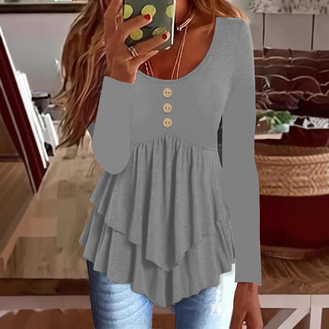 Damen Langarm Blusenshirt mit mehrlagigem Design und dekorativen Knopfdetails EB