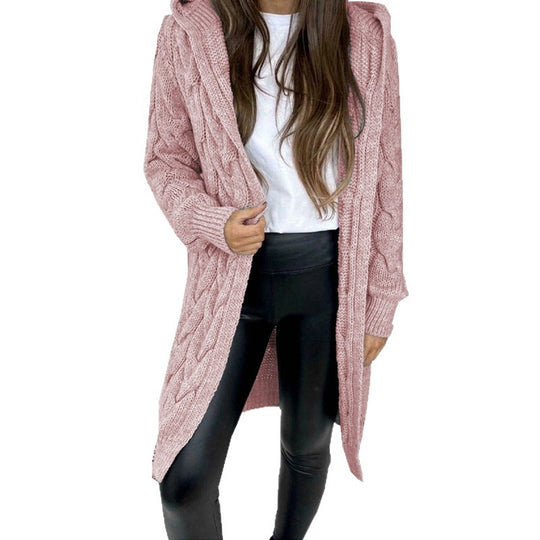 Damen lange Strickjacke mit Kapuze und Zopfmuster EB