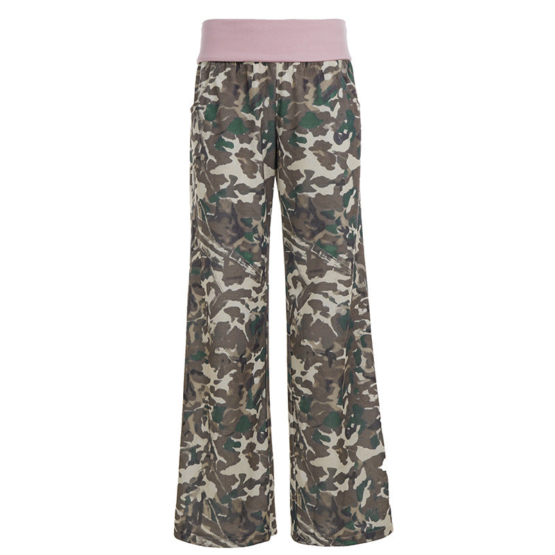 Damen nan weite Lounge-Hose mit Umschlagbund, Camouflage‑Muster und elastischem Komfortstretch EB