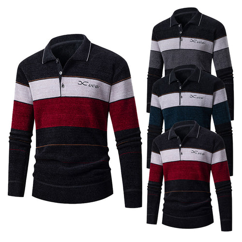 Herren Langarm Polohemd mit gestreiftem Design und Knopfleiste EB