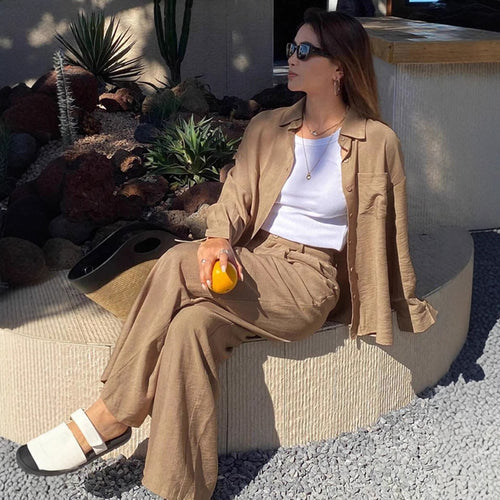 Damen nan entspanntes Leinen Lounge Set mit Oversize Hemd und Kordelbund Palazzohose EB