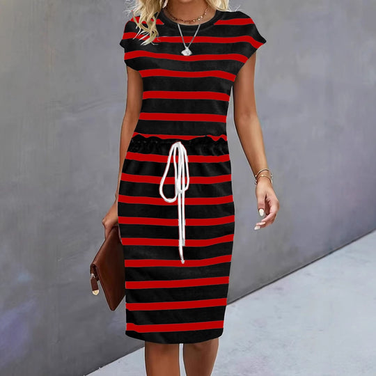 Damen Freizeitleinenkleid mit bunten Streifen und verstellbarem Taillenzug EB