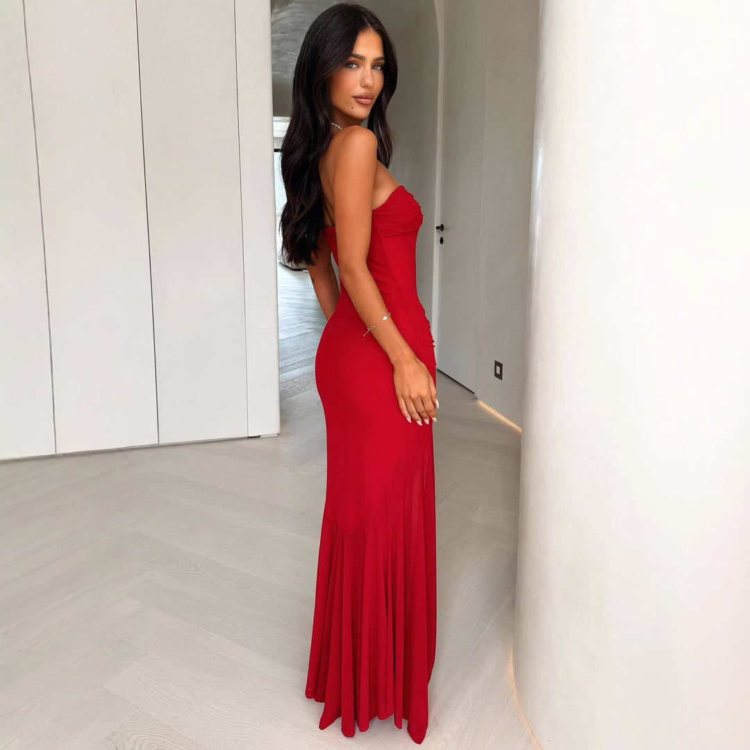 Damen Elegantes Maxikleid mit gerafftem Oberteil und schwingendem Rock EB