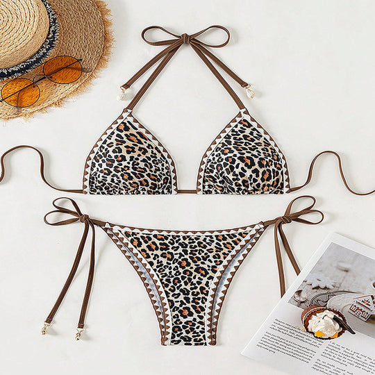 Damen Triangel-Bikini mit modischem Leoparden-Design und attraktiven Schnürdetails EB