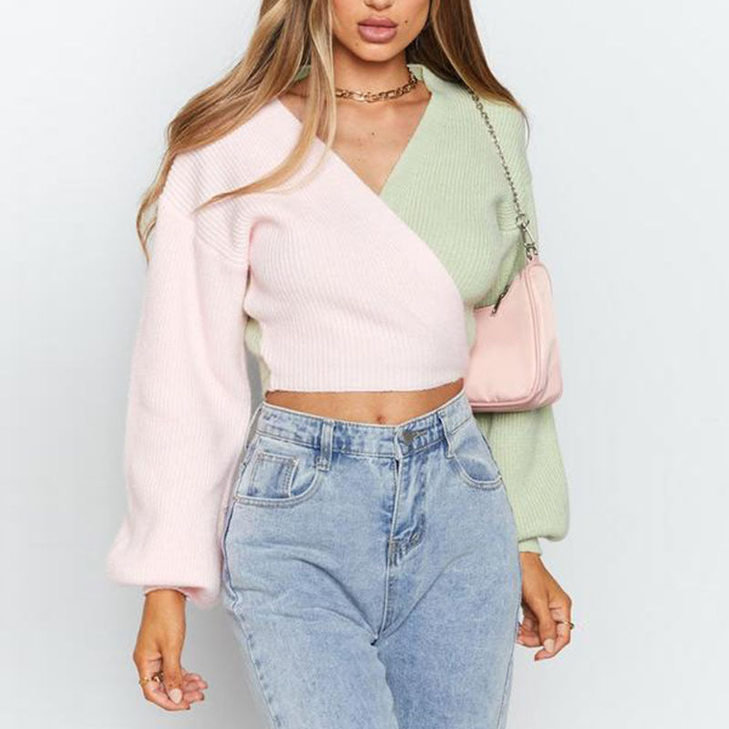Damen Eleganter V-Ausschnitt Pullover mit farblich abgesetzten Ärmeln und strukturierter Oberfläche EB