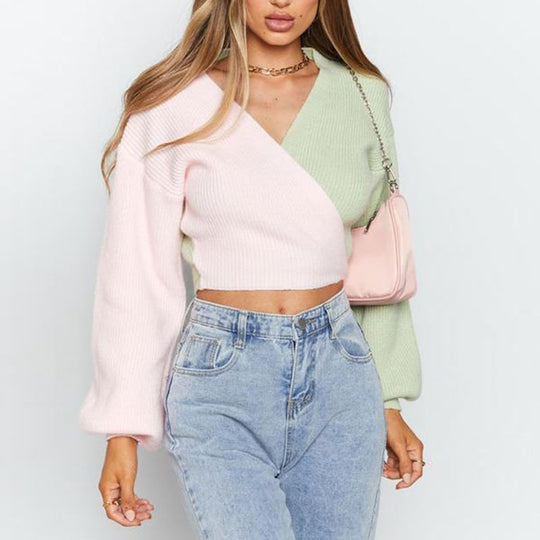 Damen Eleganter V-Ausschnitt Pullover mit farblich abgesetzten Ärmeln und strukturierter Oberfläche EB