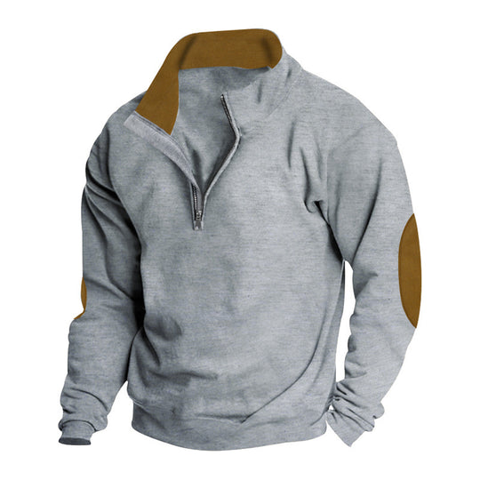Herren nan Komfort-Pullover mit kurzem Reißverschluss, Stehkragen, verstärkten Ellenbogenbesätzen und angerautem Innenfutter EB