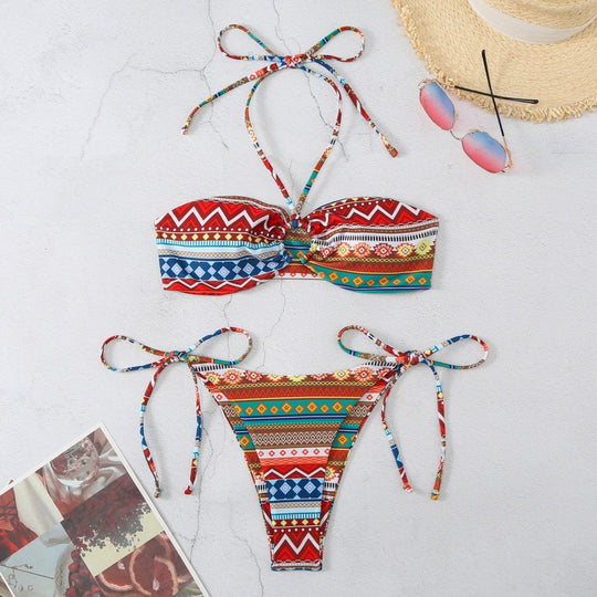 Damen Bandeau-Bikini mit verstellbaren Bindebändern und farbenfrohem Muster EB