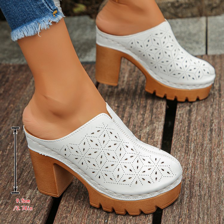 Damen Offene Clogs mit floralem Cut-Out Design und klobigem Absatz EB