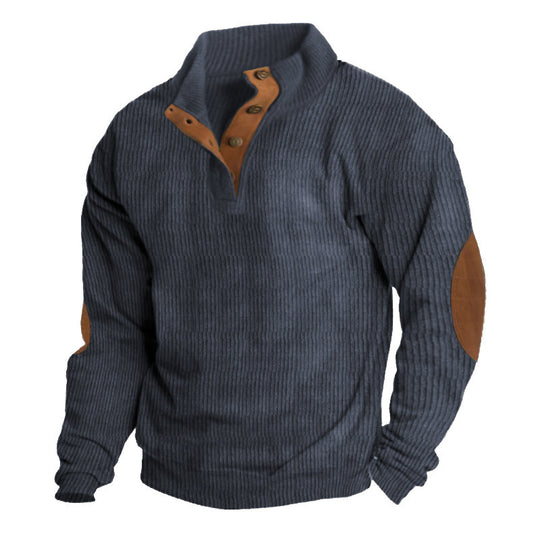 Herren nan grober Rippstrick-Pullover mit Stehkragen, Knopfleiste und markanten Ellenbogenpatches EB