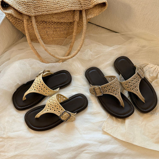 Damen Komfortable Zehentrenner-Sandalen mit modischem Flechtmuster und verstellbarem Riemen EB