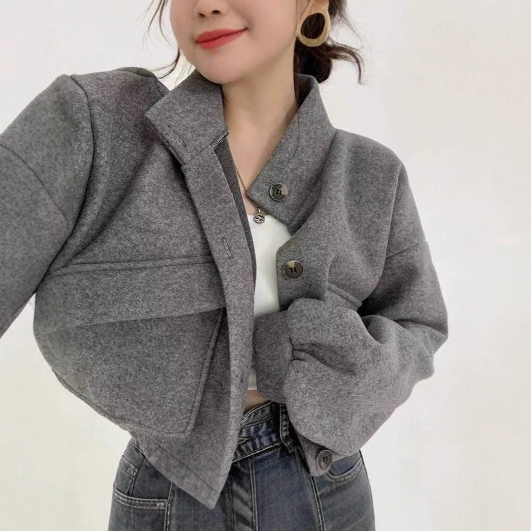 Damen Kurze Oversize-Wolloptik-Jacke mit Stehkragen und Ballonärmeln EB