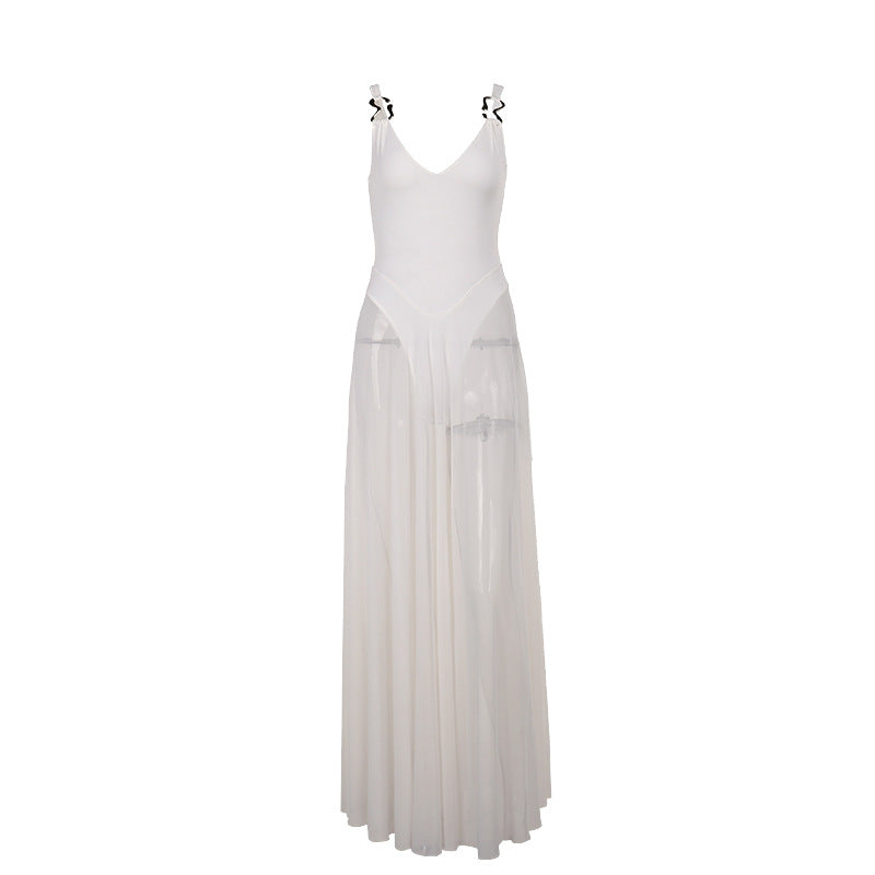 Damen Stilvolles Maxikleid mit transparentem Rock und elegantem V-Ausschnitt EB
