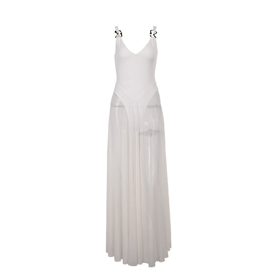 Damen Stilvolles Maxikleid mit transparentem Rock und elegantem V-Ausschnitt EB