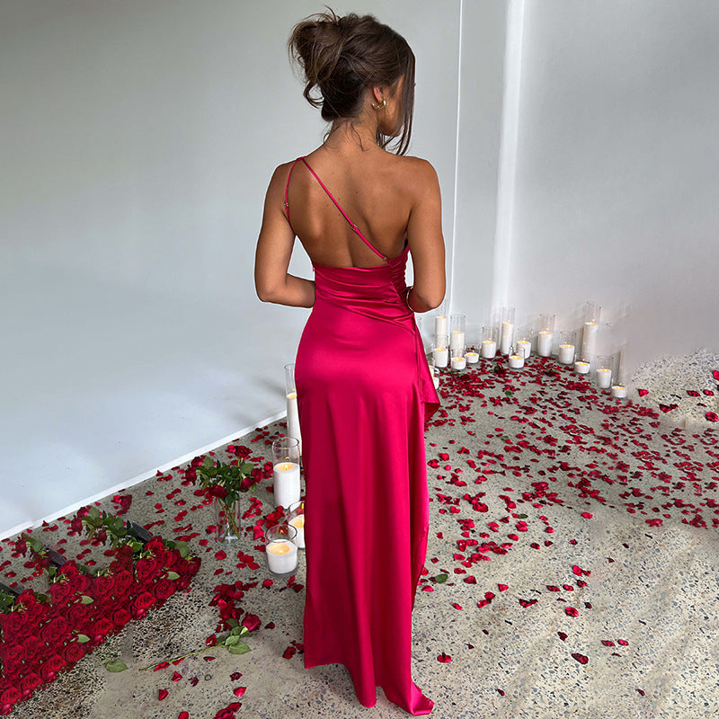 Damen Elegantes Ein-Schulter Maxikleid mit hohem Schlitz und figurformendem Design EB