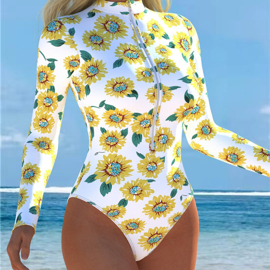 Damen Einteiler Badeanzug mit modischem Blumenmuster und hohem Kragen EB