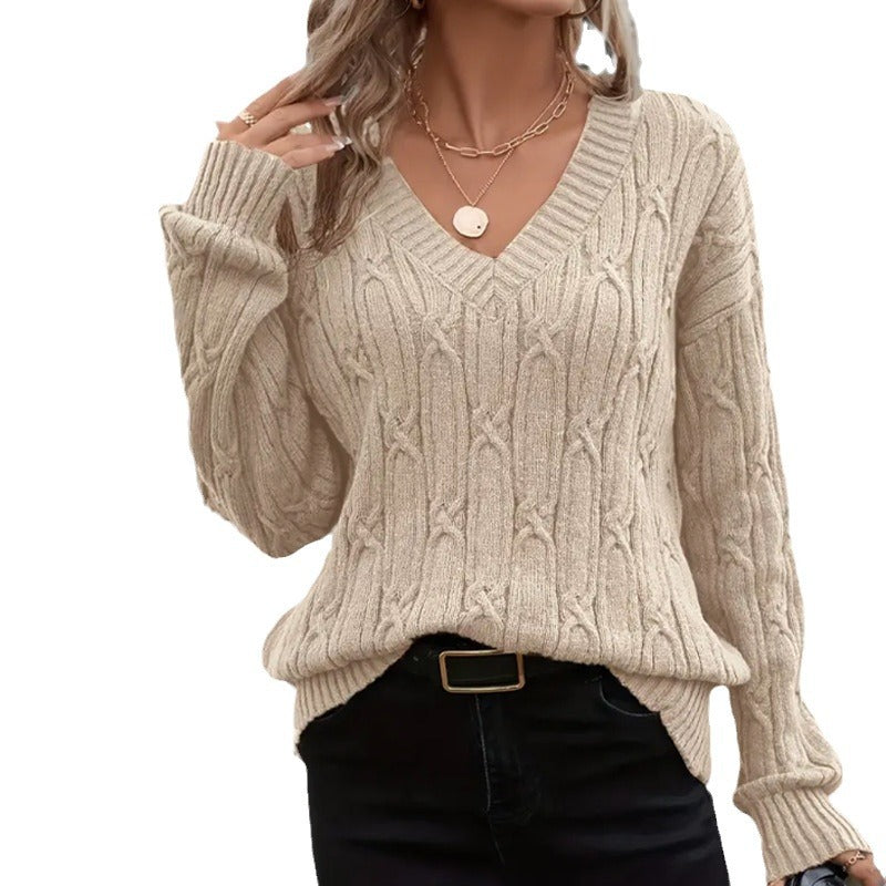 Damen Strickpullover mit V-Ausschnitt und Zopfmuster EB