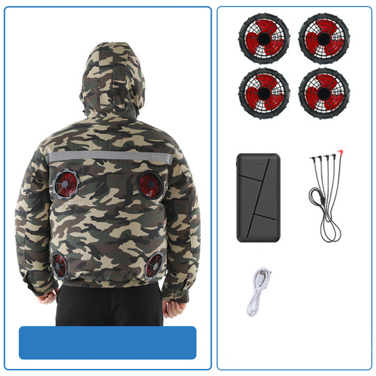 Unisex nan ventilated jacket for work and outdoor with integrated USB fans, battery compartment and hood EB