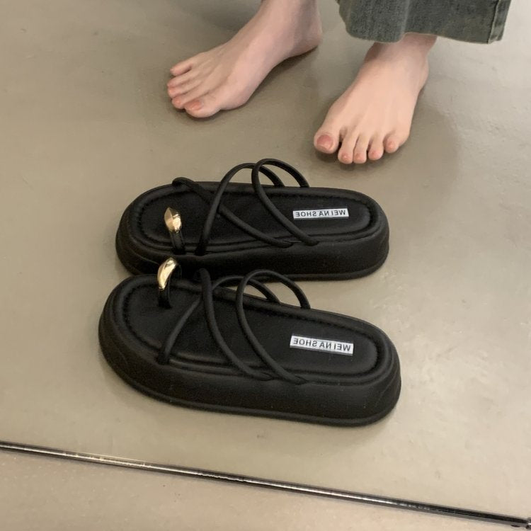 Damen modische Zehentrenner-Pantoletten mit dekorativen Schnallen und ergonomischer Sohle EB
