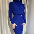 Damen nan elegantes Midikleid mit Drapierter Wasserfall-Front, taillierter Bleistift-Silhouette und langen Ärmeln EB